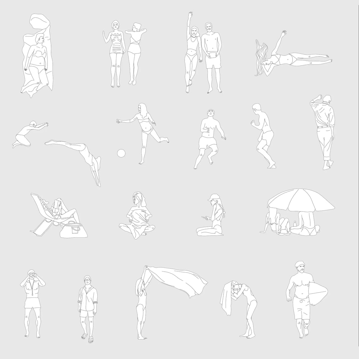 Sheet of beach people blocks: swimmers, sunbathers on towels and deck chairs, people under a parasol, surfer and diver, in elevation, black line drawing