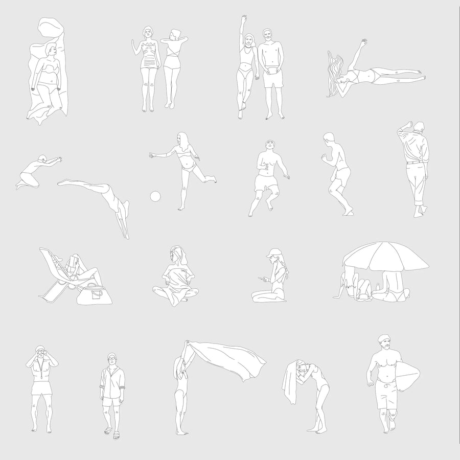 Sheet of beach people blocks: swimmers, sunbathers on towels and deck chairs, people under a parasol, surfer and diver, in elevation, black line drawing