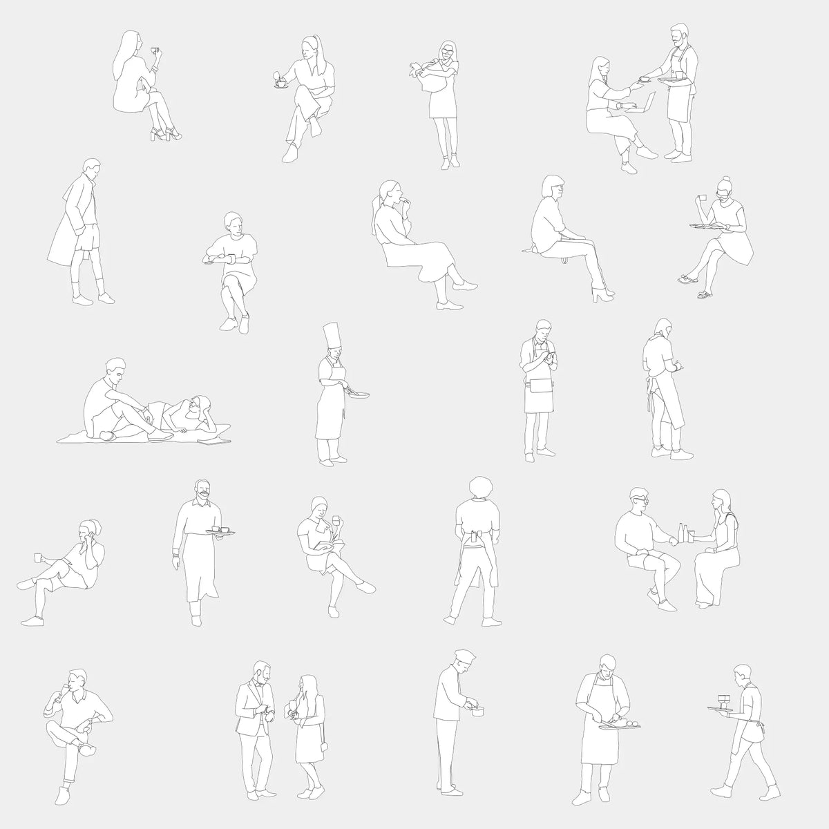 Sheet of restaurant people blocks: diners seated at tables, waiters carrying trays, chefs cooking, customers standing and chatting, in elevation, black line drawing