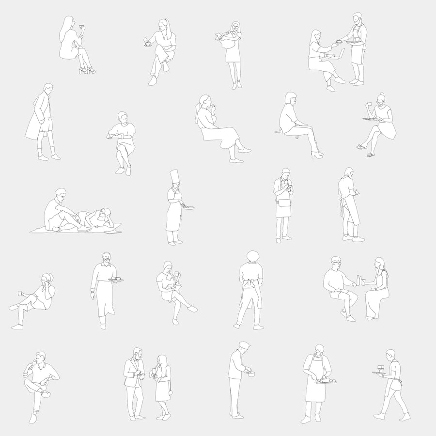 Sheet of restaurant people blocks: diners seated at tables, waiters carrying trays, chefs cooking, customers standing and chatting, in elevation, black line drawing