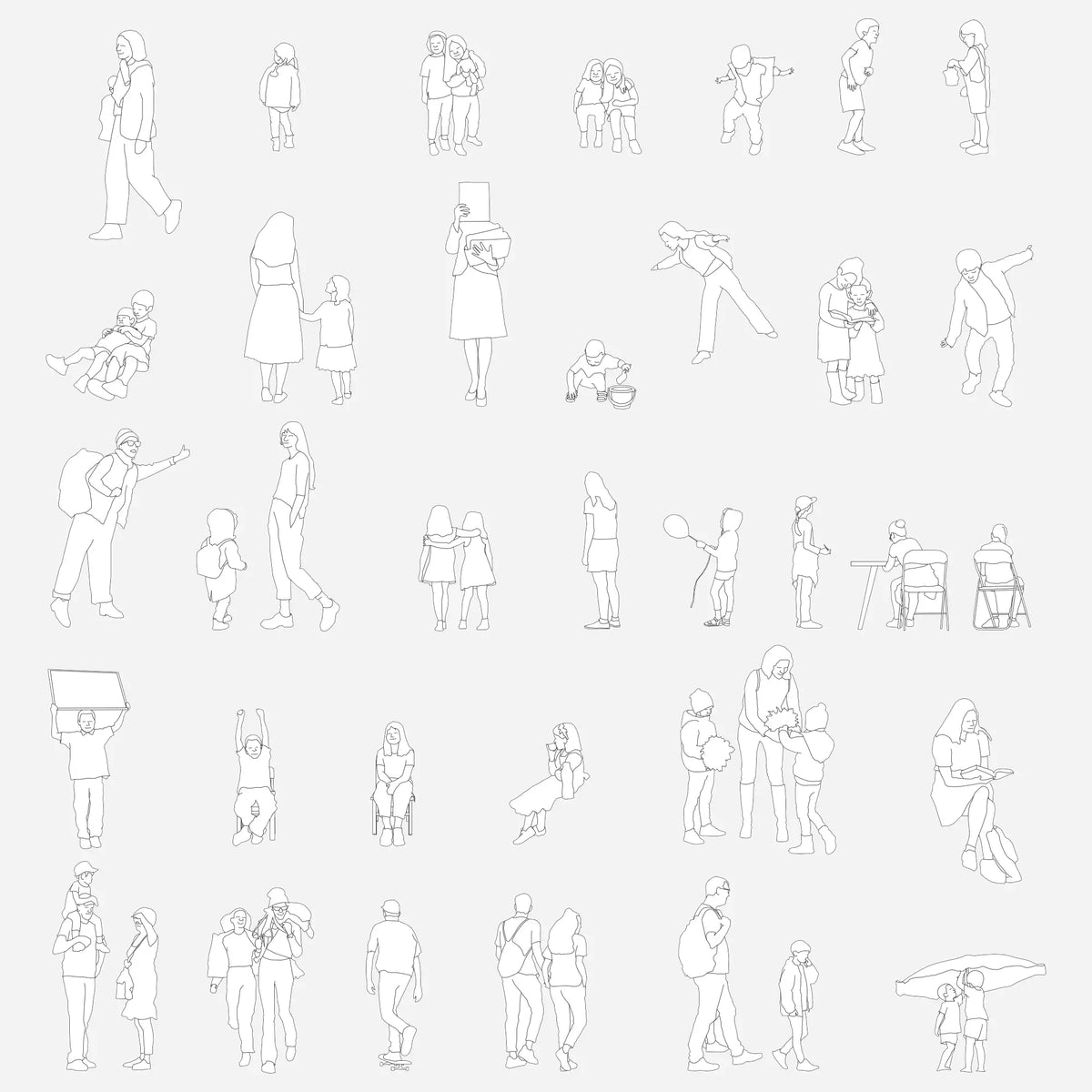 Sheet of school people blocks: children walking, playing, sitting at desks, parents with kids and students with backpacks, in elevation, black line drawing