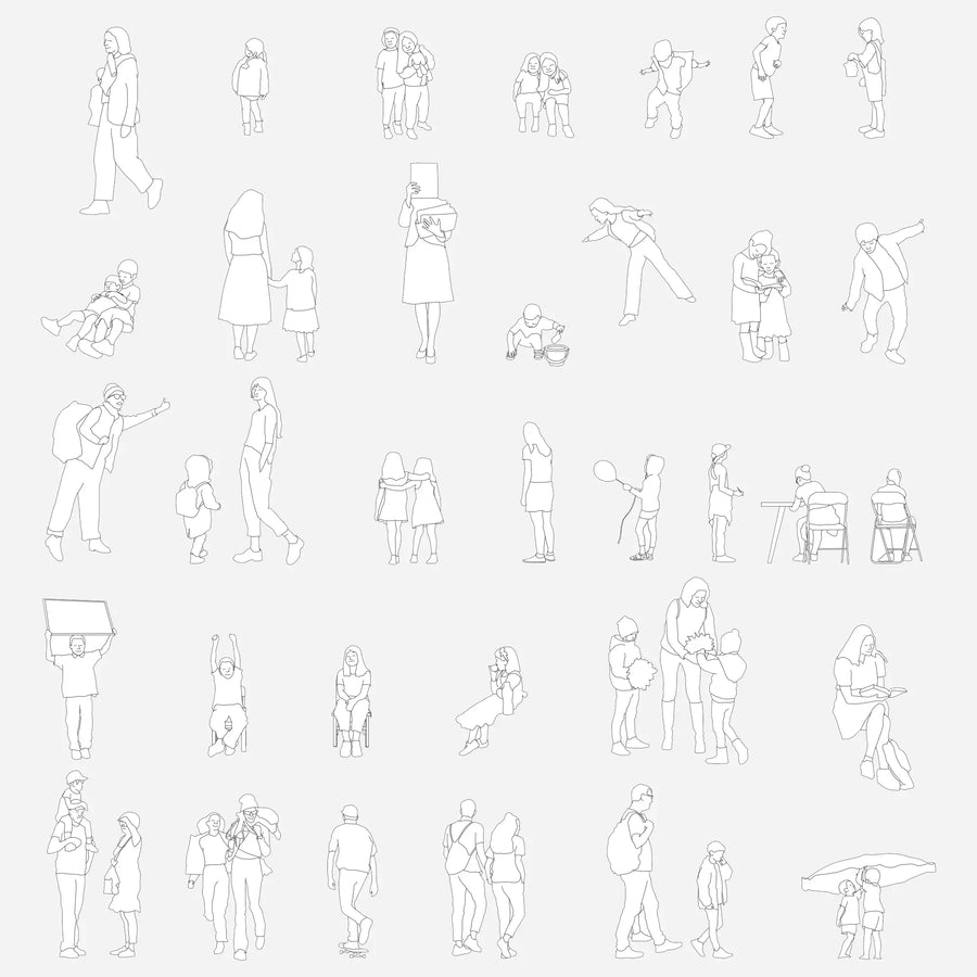 Sheet of school people blocks: children walking, playing, sitting at desks, parents with kids and students with backpacks, in elevation, black line drawing