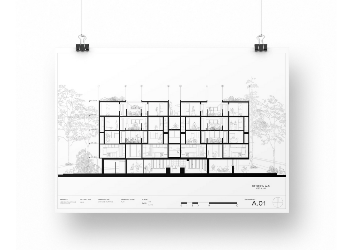 A.01 section sheet from the AutoCAD template: section A-A through a four-storey building at 1:100 with title block, black line drawing