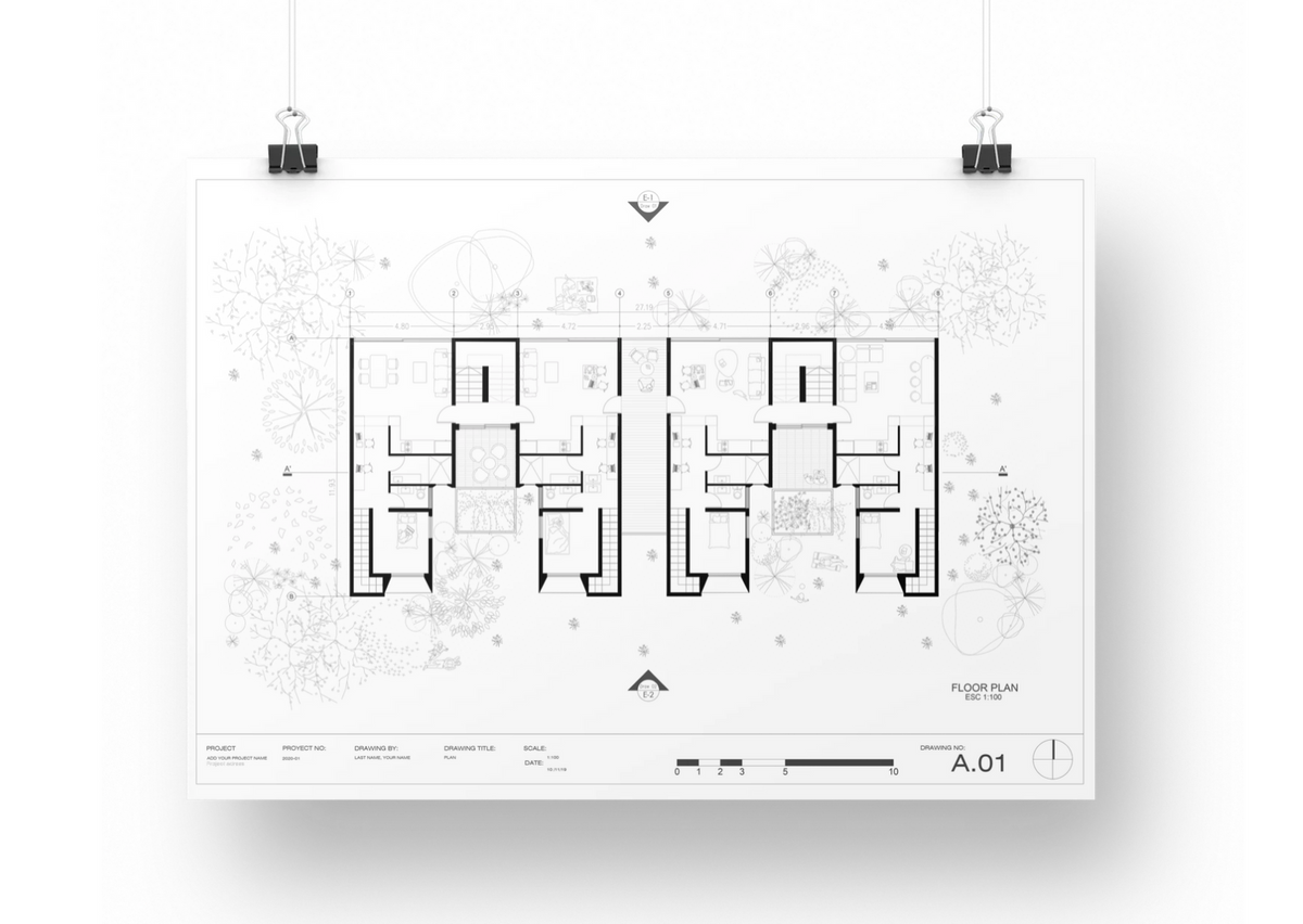 A.01 floor plan sheet from the AutoCAD template at 1:100 with title block, scale bar and trees, black line drawing
