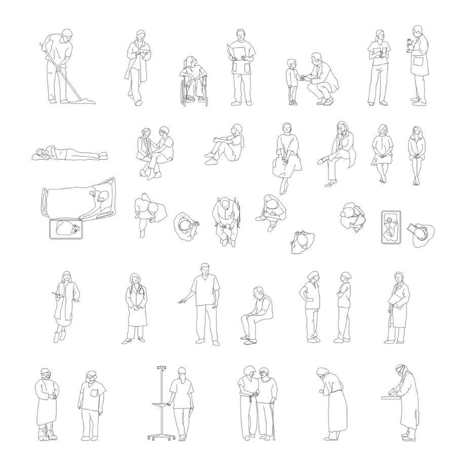 Sheet of hospital people blocks in elevation and plan: doctors, nurses, patients in wheelchairs and beds, visitors and children, black line drawing