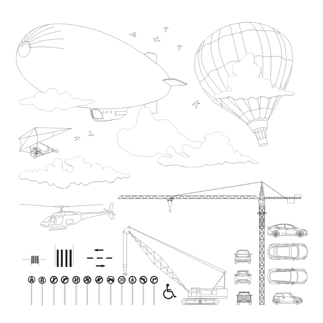 Sheet of urban environment blocks: airship, hot-air balloon, hang glider, clouds, birds, helicopter, tower crane, mobile crane, cars in plan and elevation and road signs, black line drawing