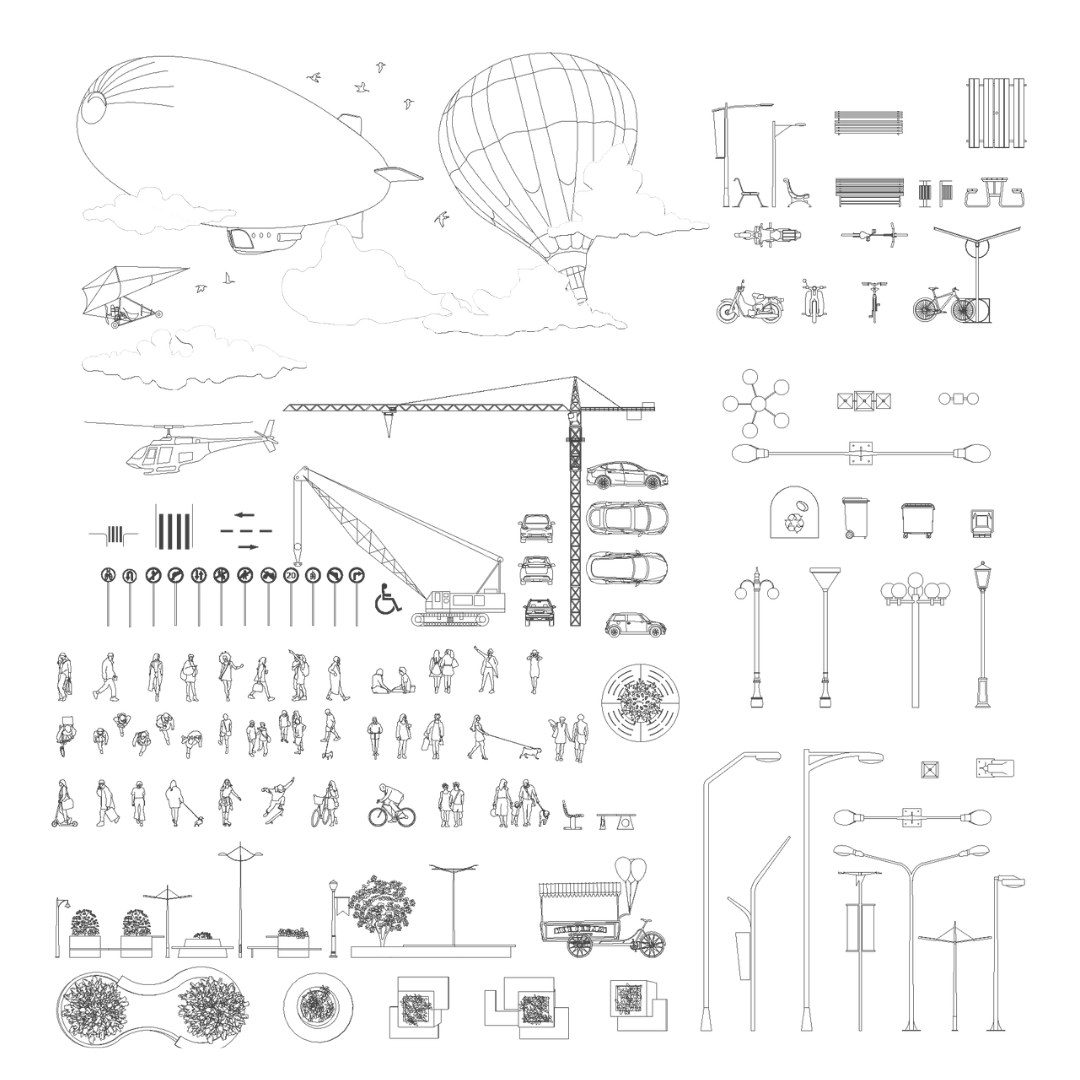 Sheet of the complete urban block collection: airship, hot-air balloon, helicopter, cranes, cars, road signs, street lamps, benches, planters, bicycles and pedestrians, black line drawing