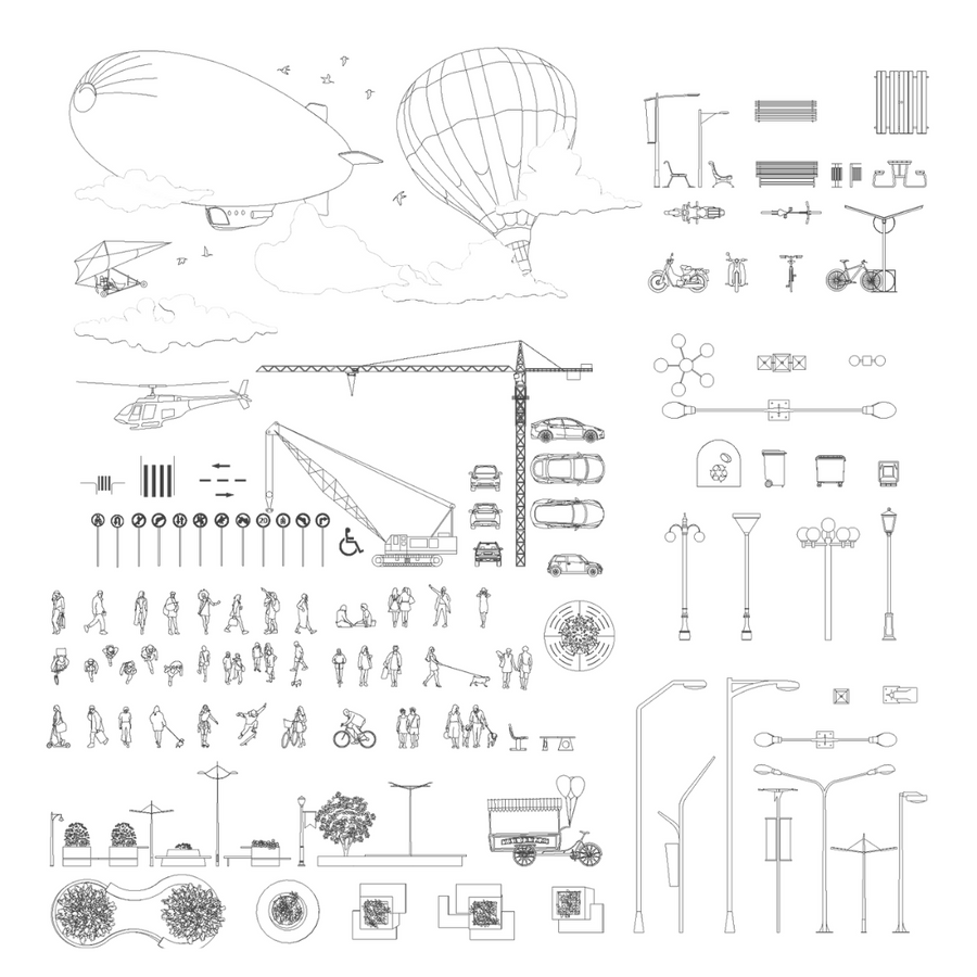 Sheet of the complete urban block collection: airship, hot-air balloon, helicopter, cranes, cars, road signs, street lamps, benches, planters, bicycles and pedestrians, black line drawing