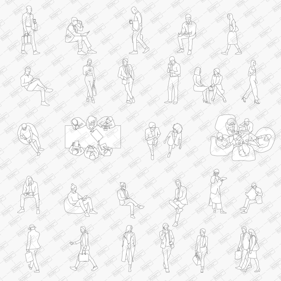 Sheet of working people blocks: office workers standing, walking, sitting, meeting around a table and carrying bags, in elevation and plan, black line drawing with a watermark
