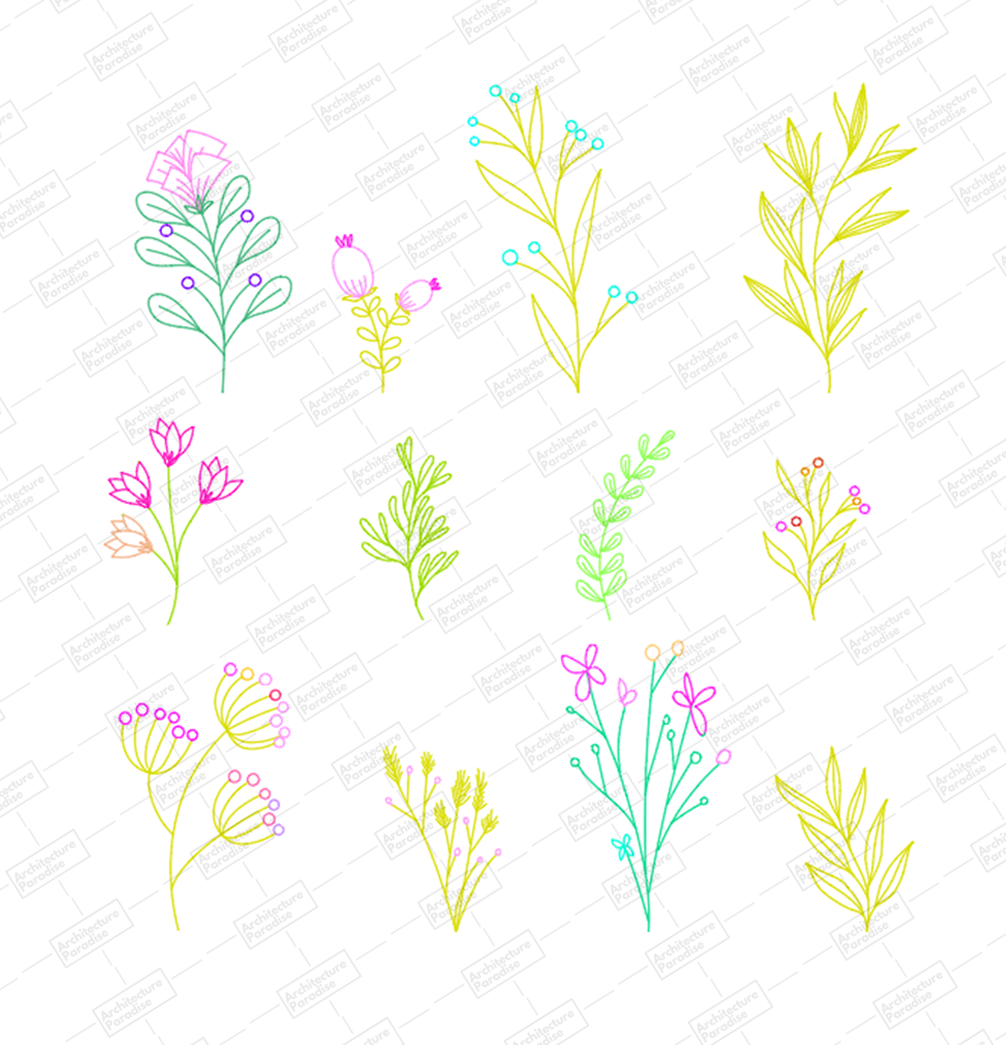 Sheet of twelve minimal plants in elevation drawn in coloured lines: flowering stems, leaves and grasses in pink, green and yellow, with a watermark