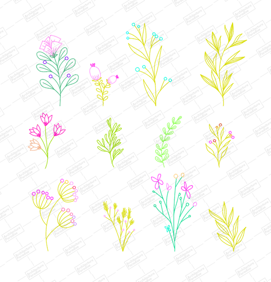 Sheet of twelve minimal plants in elevation drawn in coloured lines: flowering stems, leaves and grasses in pink, green and yellow, with a watermark