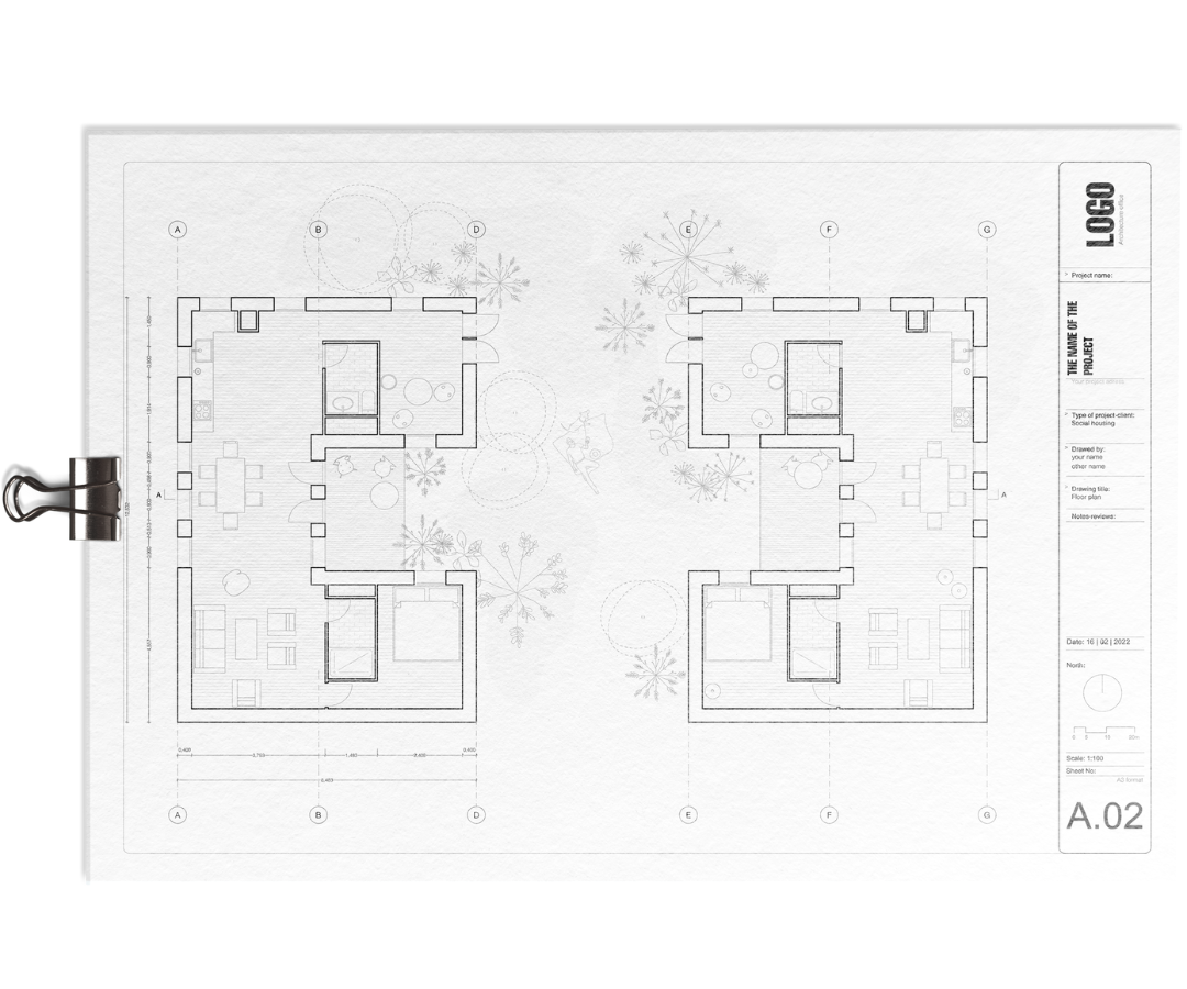 A.02 floor plan sheet from the Archicad template: two apartments at 1:100 with grid axes, furniture and trees, title block, black line drawing