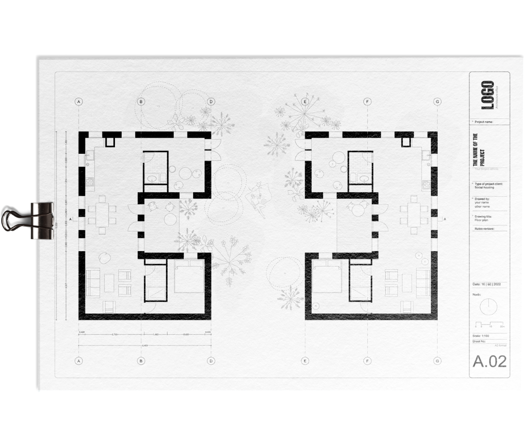 A.02 floor plan sheet from the Archicad template with thick black walls: two apartments at 1:100 with furniture and trees, title block