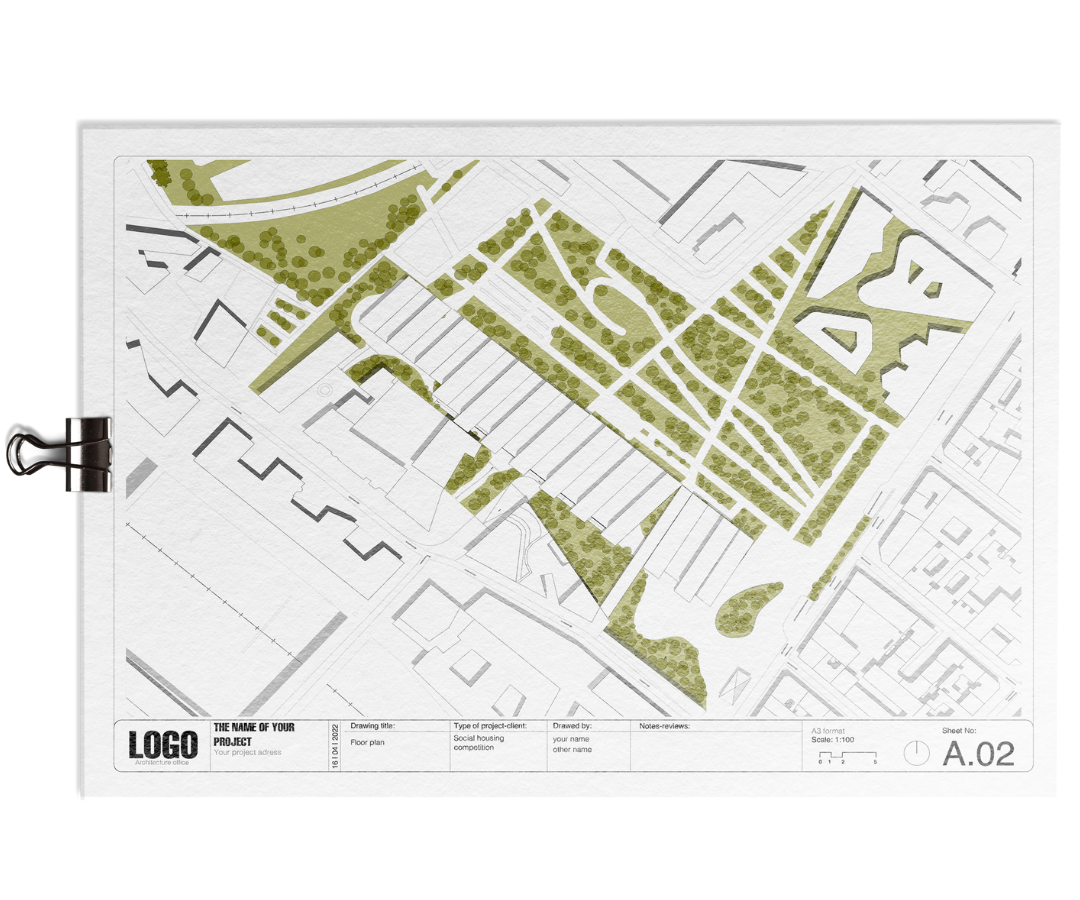 A.02 site plan sheet from the Archicad template: urban block with buildings in grey and green landscaped areas, title block