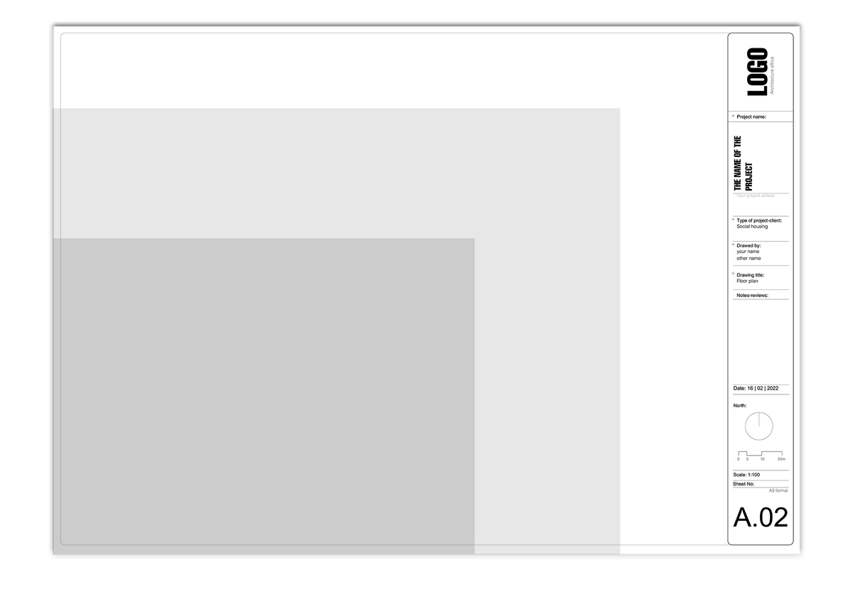 Empty A.02 layout sheet of the Archicad template with title block, north arrow, scale bar and grey drawing area