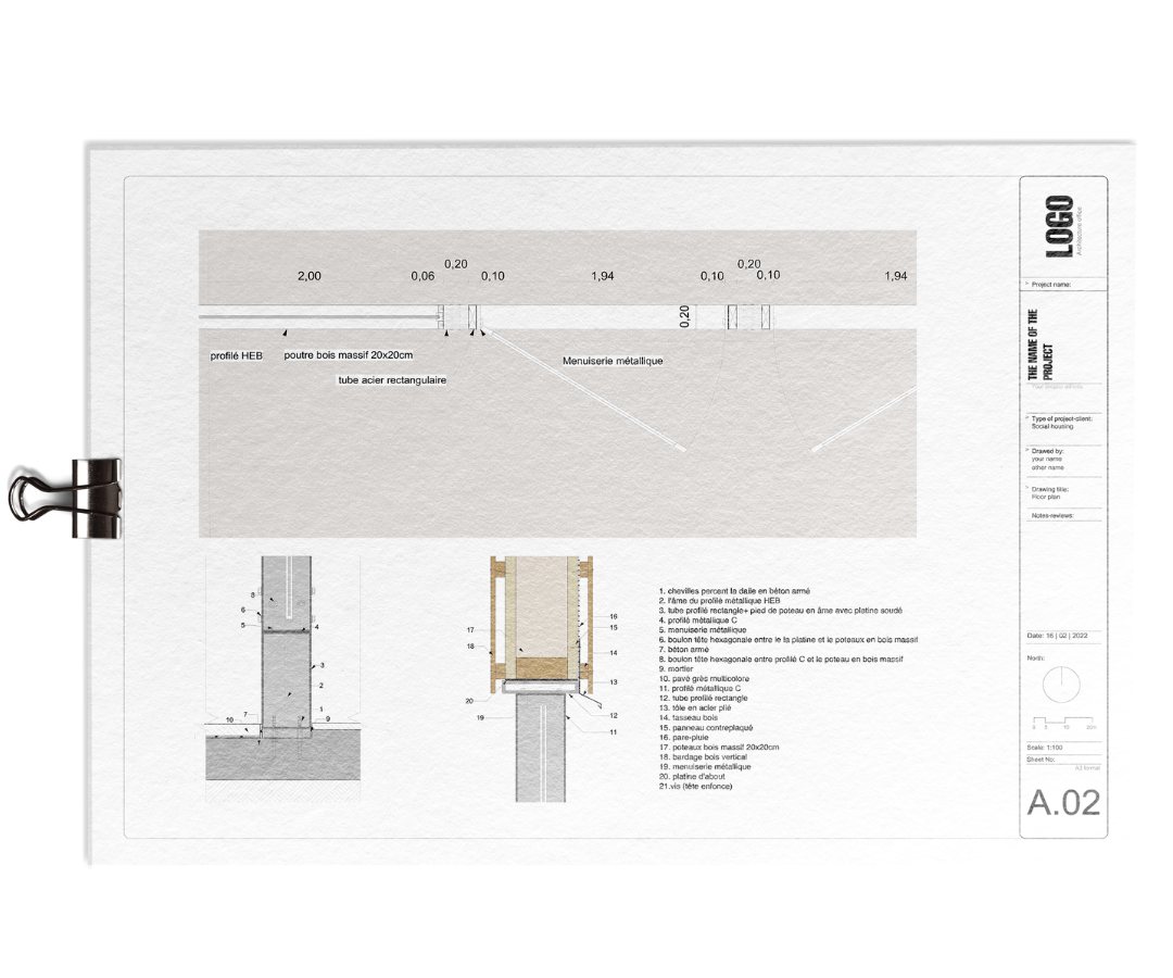 A.02 detail sheet from the Archicad template: facade section with dimensions, two construction details of a steel and timber column base and a numbered materials list