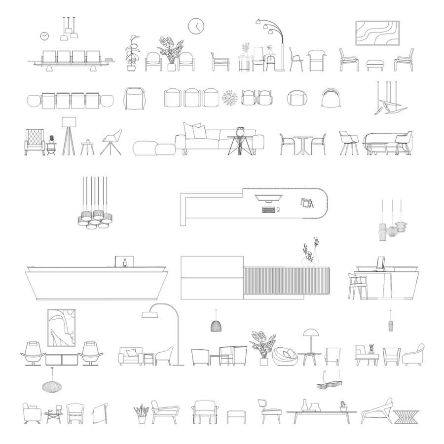 Sheet of waiting room furniture blocks: rows of linked seats, armchairs, sofas, reception desks, side tables, plants and lamps in plan and elevation, black line drawing