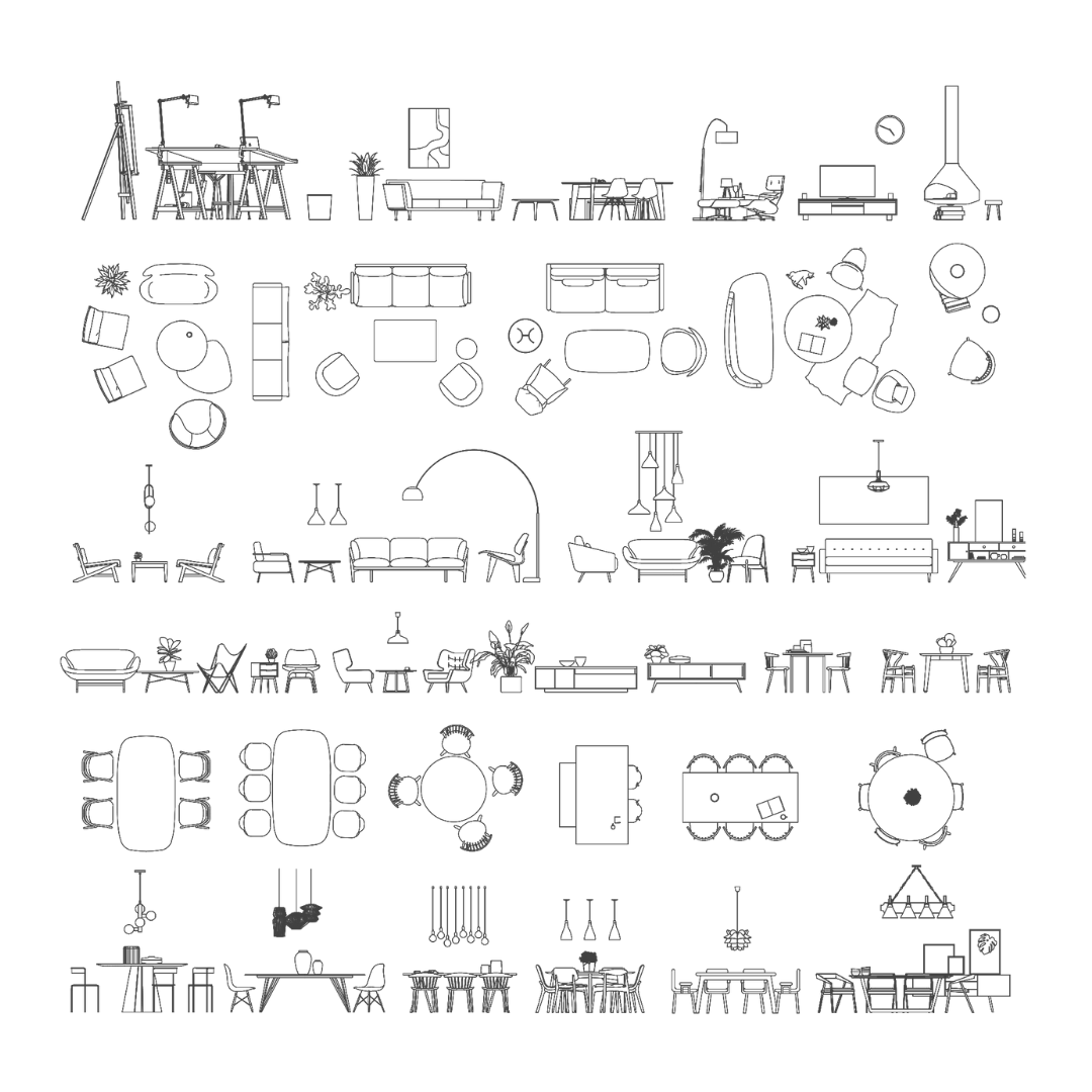 Sheet of living and dining room furniture blocks: sofas, armchairs, coffee tables, dining tables and chairs, pendant lamps, desks and a fireplace in plan and elevation, black line drawing