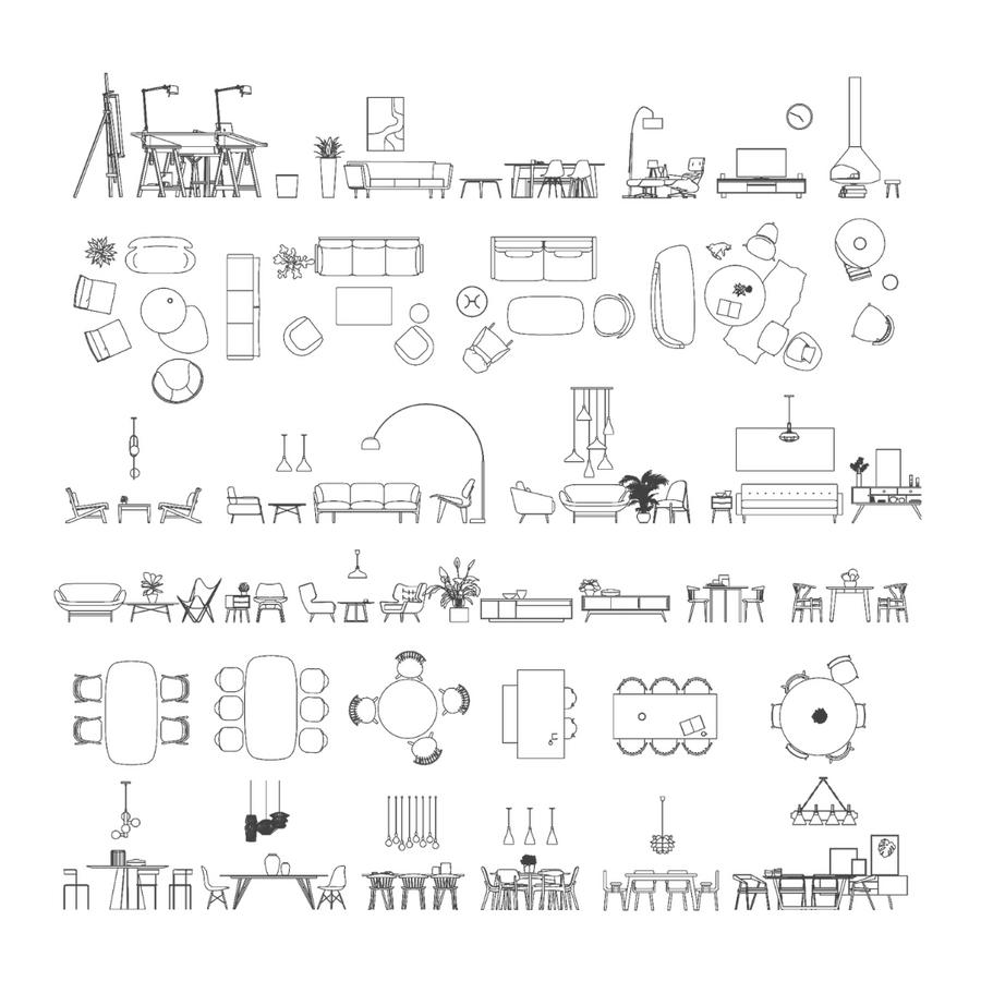 Sheet of living and dining room furniture blocks: sofas, armchairs, coffee tables, dining tables and chairs, pendant lamps, desks and a fireplace in plan and elevation, black line drawing