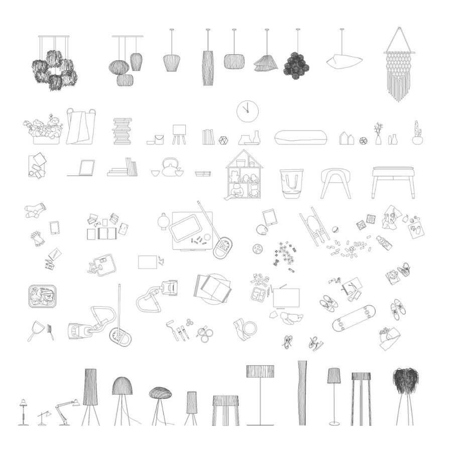 Sheet of residential accessory blocks: pendant and floor lamps, plants, books, clocks, laptop, shoes, skateboard, vacuum cleaner and scattered objects in plan and elevation, black line drawing