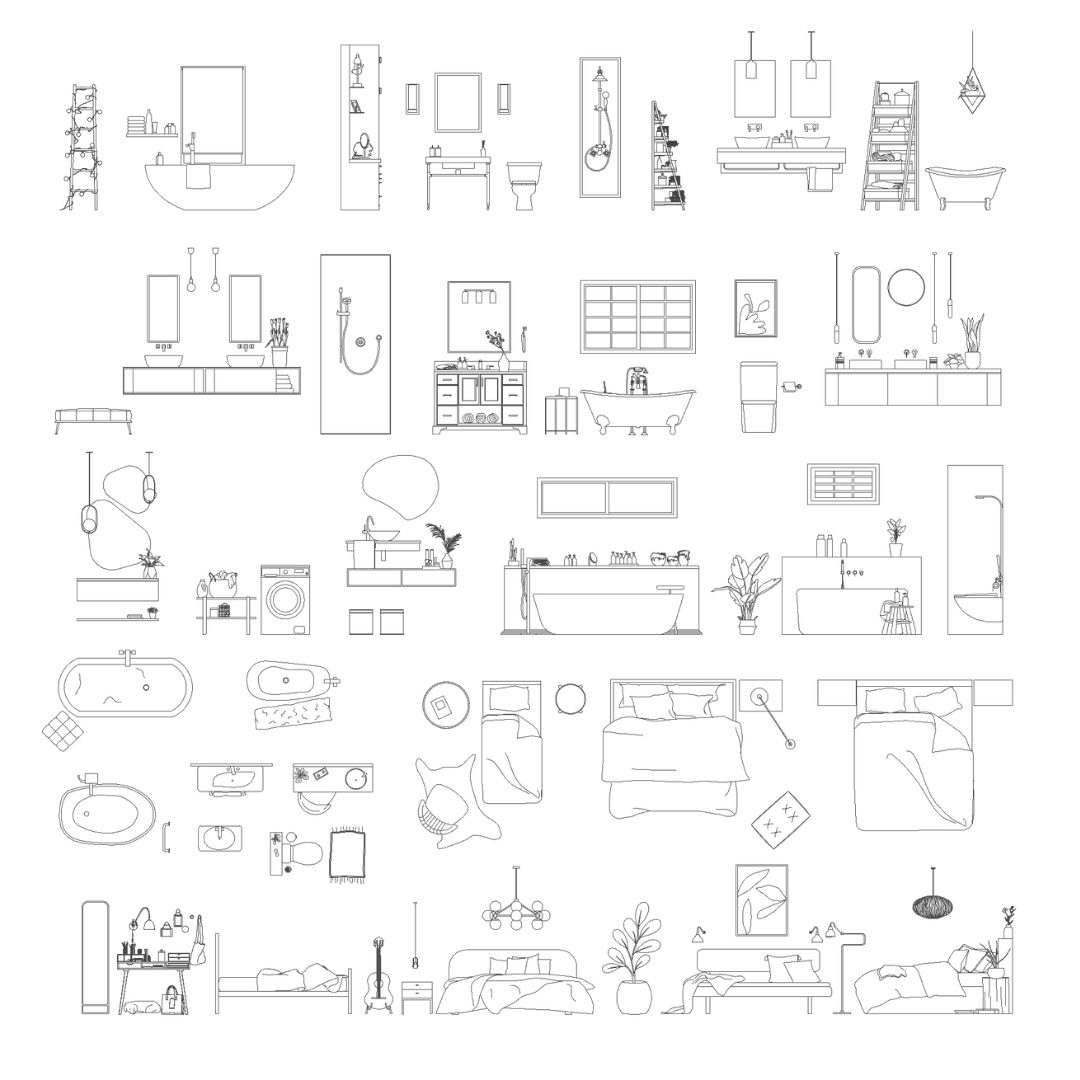 Sheet of bathroom and bedroom furniture blocks: bathtubs, washbasins, showers, toilets, washing machine, beds, wardrobes and bedside lamps in plan and elevation, black line drawing