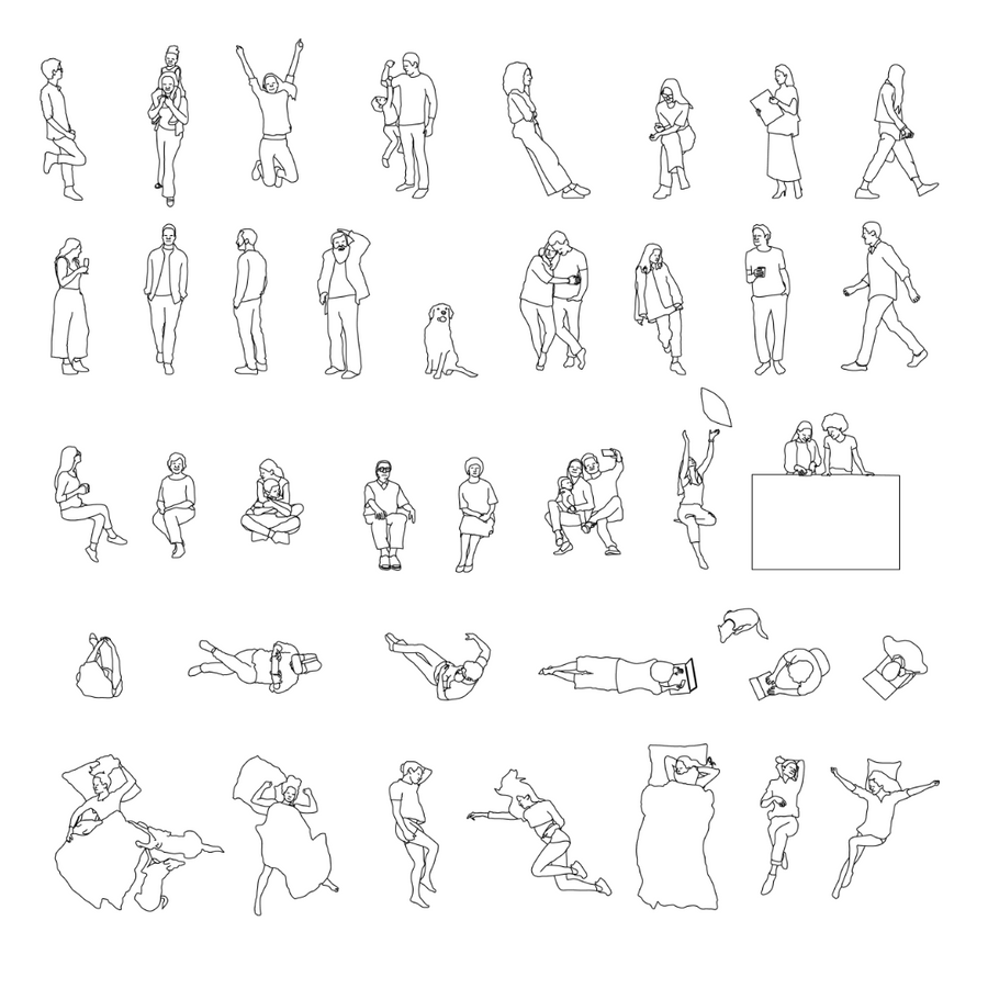 Sheet of residential people blocks: standing, walking, seated, lying and sleeping figures and a dog in elevation and plan, black line drawing