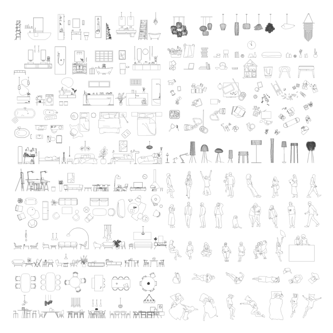 Sheet of the complete residential block collection: living room, dining, bathroom and bedroom furniture, accessories and people in plan and elevation, black line drawing