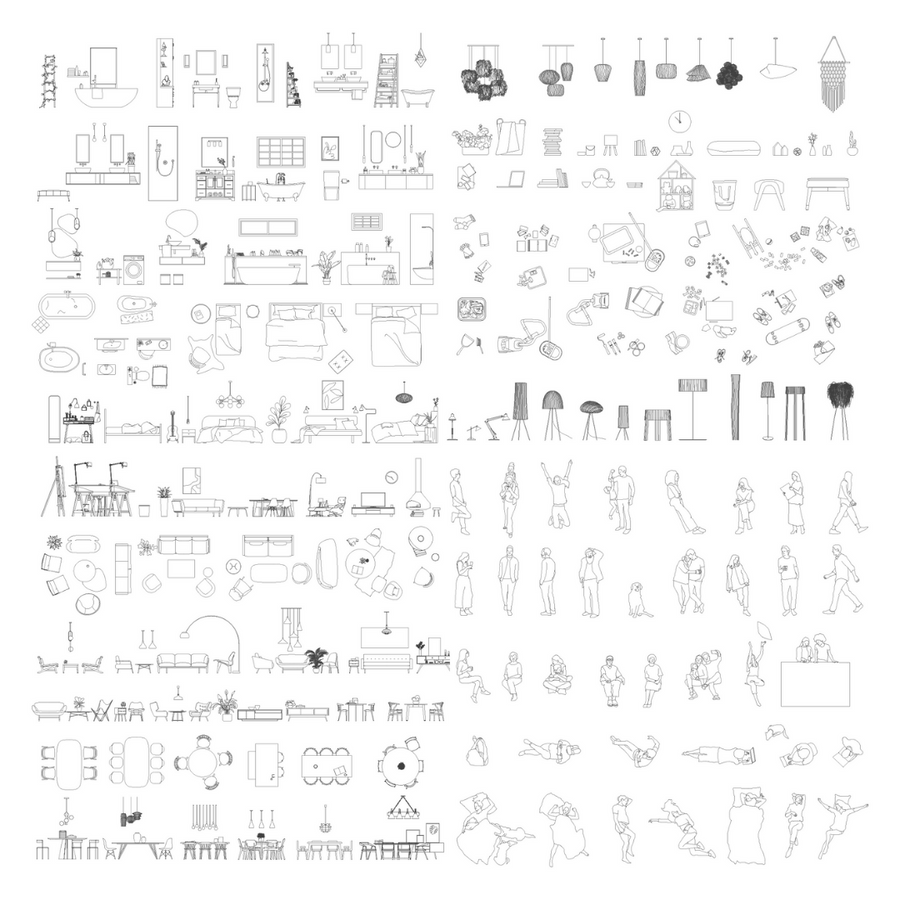 Sheet of the complete residential block collection: living room, dining, bathroom and bedroom furniture, accessories and people in plan and elevation, black line drawing