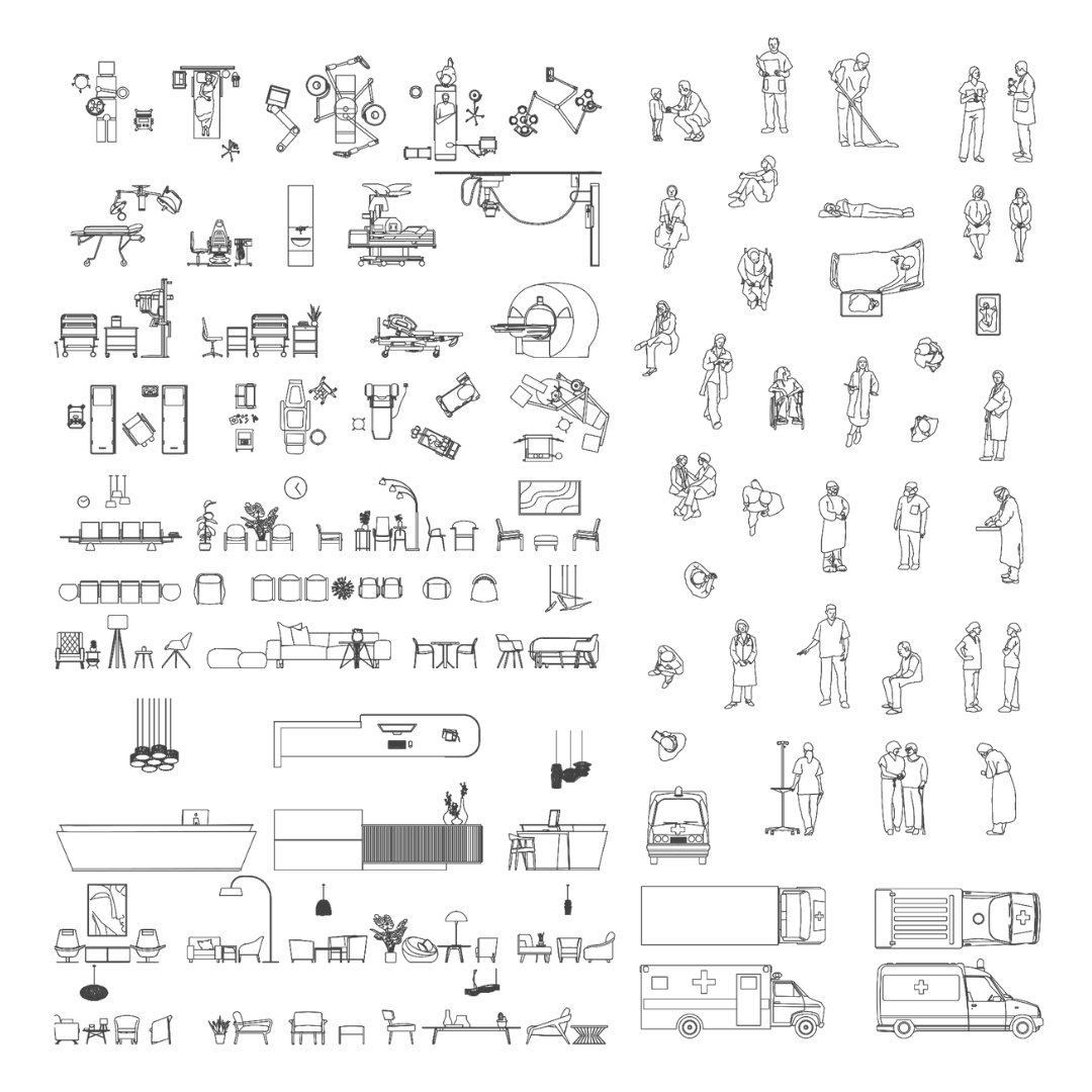 Sheet of the complete healthcare block collection: hospital equipment, waiting room furniture, ambulances and medical people, black line drawing