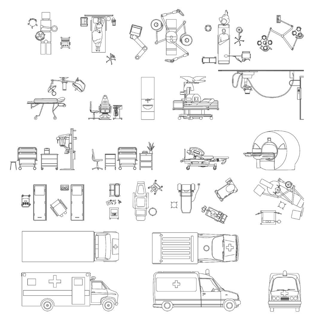 Sheet of hospital equipment blocks: surgical lights, examination chairs, hospital beds, MRI scanner, trolleys, wheelchairs, stretchers and ambulances in plan and elevation, black line drawing