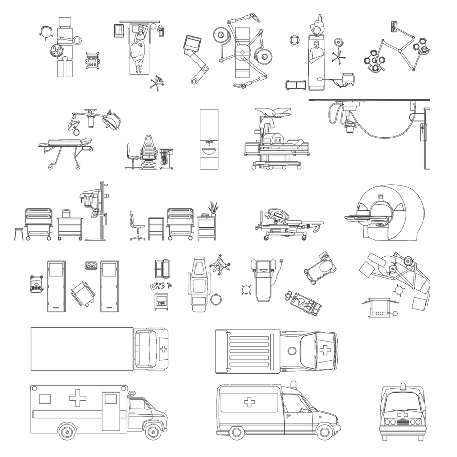 Sheet of hospital equipment blocks: surgical lights, examination chairs, hospital beds, MRI scanner, trolleys, wheelchairs, stretchers and ambulances in plan and elevation, black line drawing