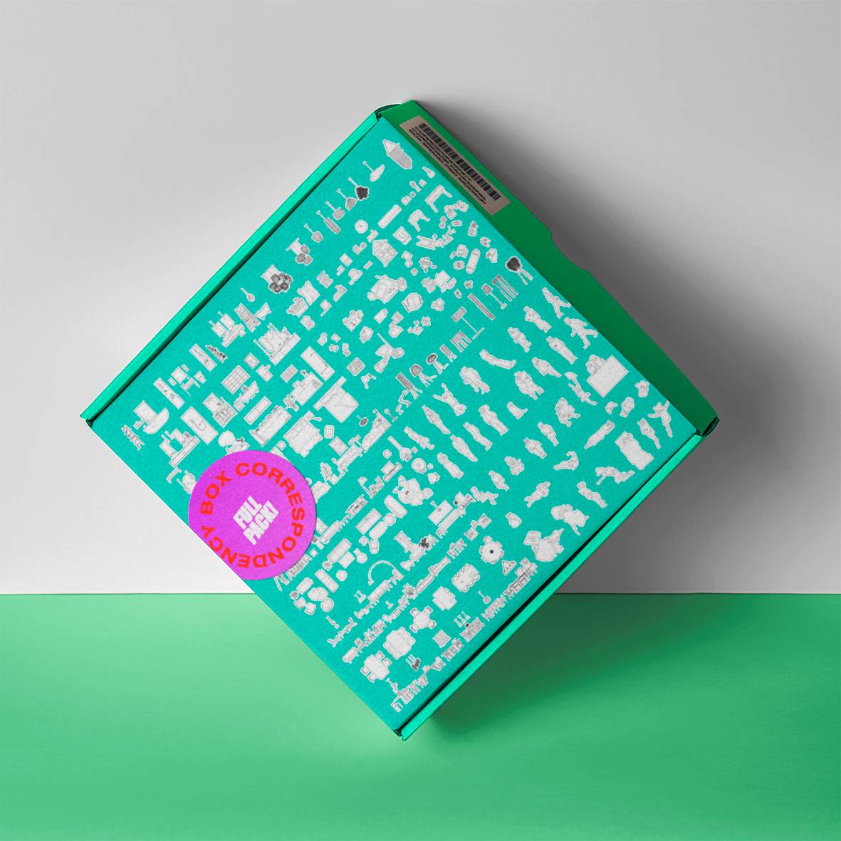 Turquoise cardboard box mockup with a pink Box Correspondency sticker, printed with white residential furniture and people blocks