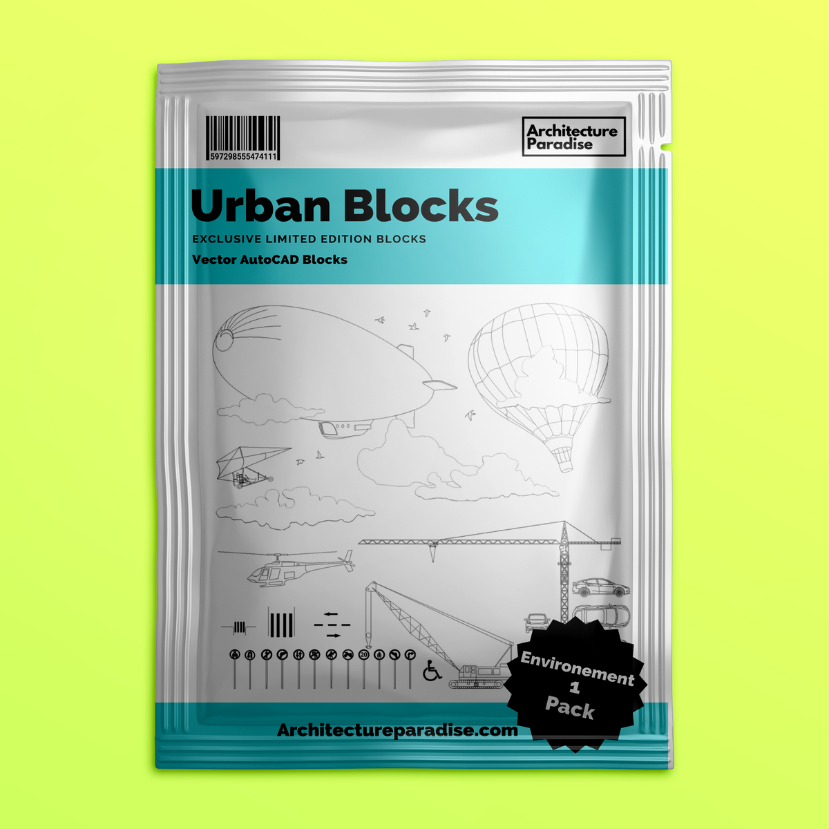 Plastic pouch mockup labelled Urban Blocks, Environement 1 Pack, showing the sheet of urban environment blocks