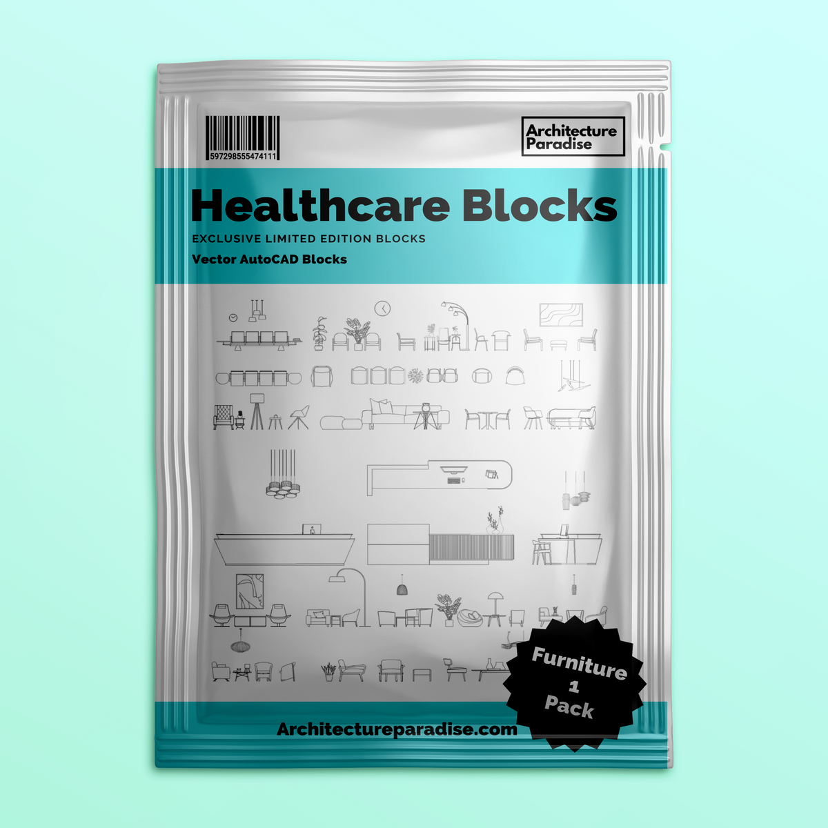 Plastic pouch mockup labelled Healthcare Blocks, Furniture 1 Pack, showing the sheet of waiting room furniture blocks