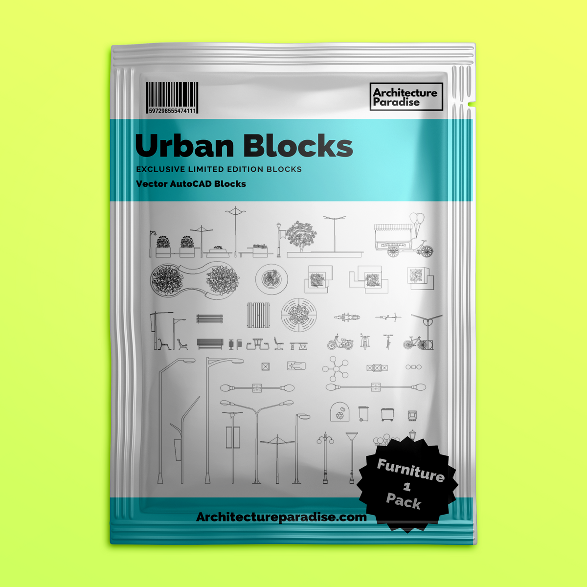 Plastic pouch mockup labelled Urban Blocks, Furniture 1 Pack, showing the sheet of street furniture blocks