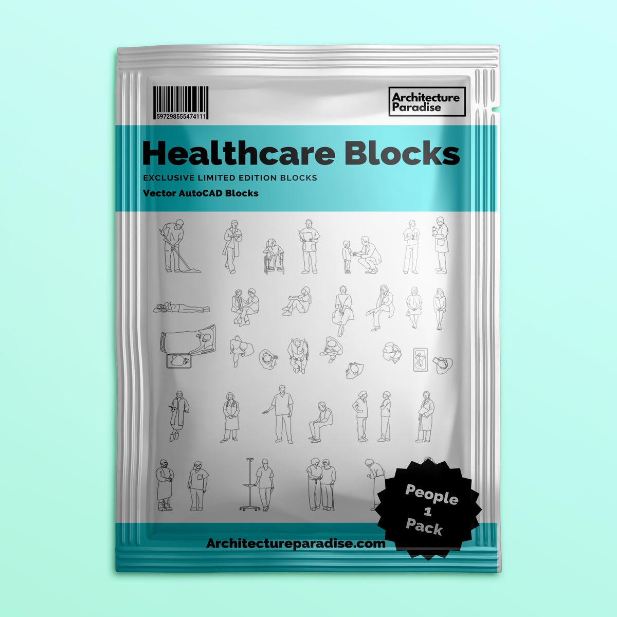 Plastic pouch mockup labelled Healthcare Blocks, People 1 Pack, showing the sheet of hospital people blocks