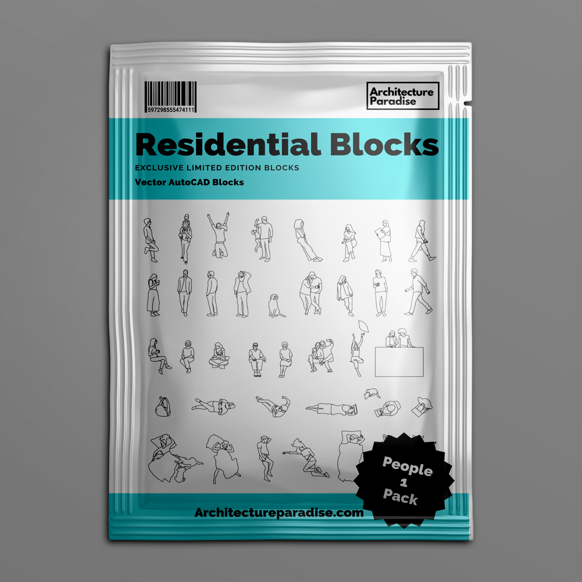 Plastic pouch mockup labelled Residential Blocks, People 1 Pack, showing the sheet of residential people blocks