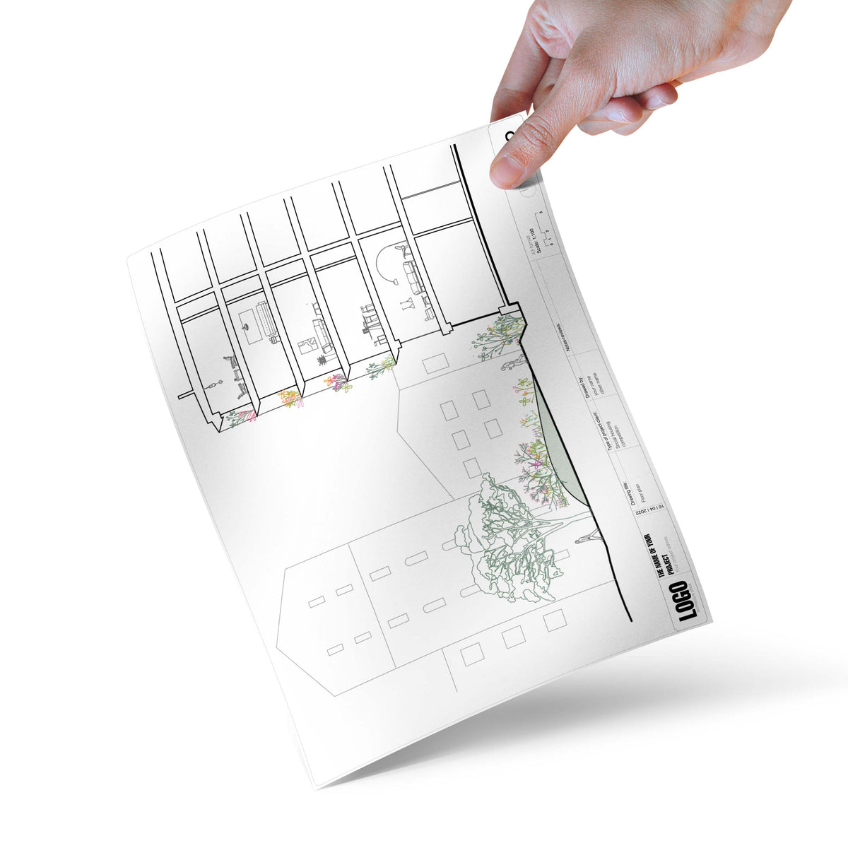 Hand holding a printed section sheet of a building with minimal plants in elevation on the terraces and in the garden
