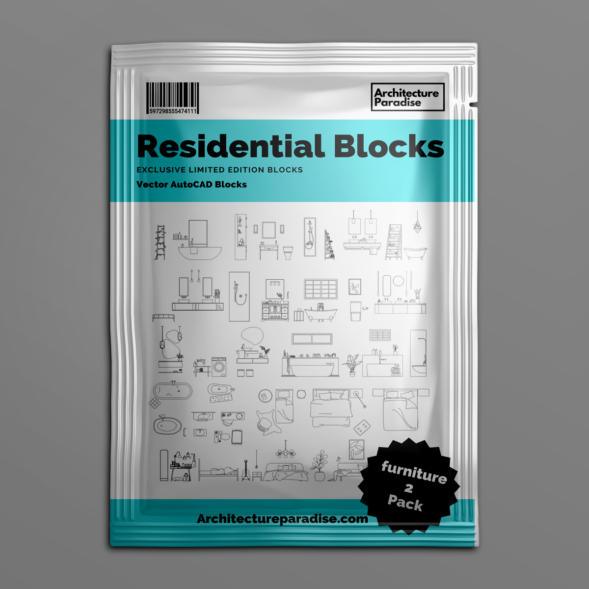 Plastic pouch mockup labelled Residential Blocks, Furniture 2 Pack, showing the sheet of bathroom and bedroom furniture blocks