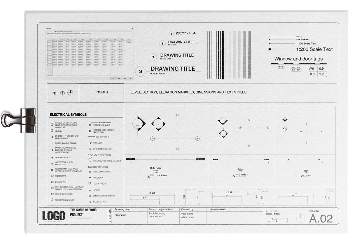 A.02 sheet of the Revit template: schedule table, drawing title tags, line weights, scale text, window and door tags, north arrow, level and section markers, electrical symbols and dimension styles