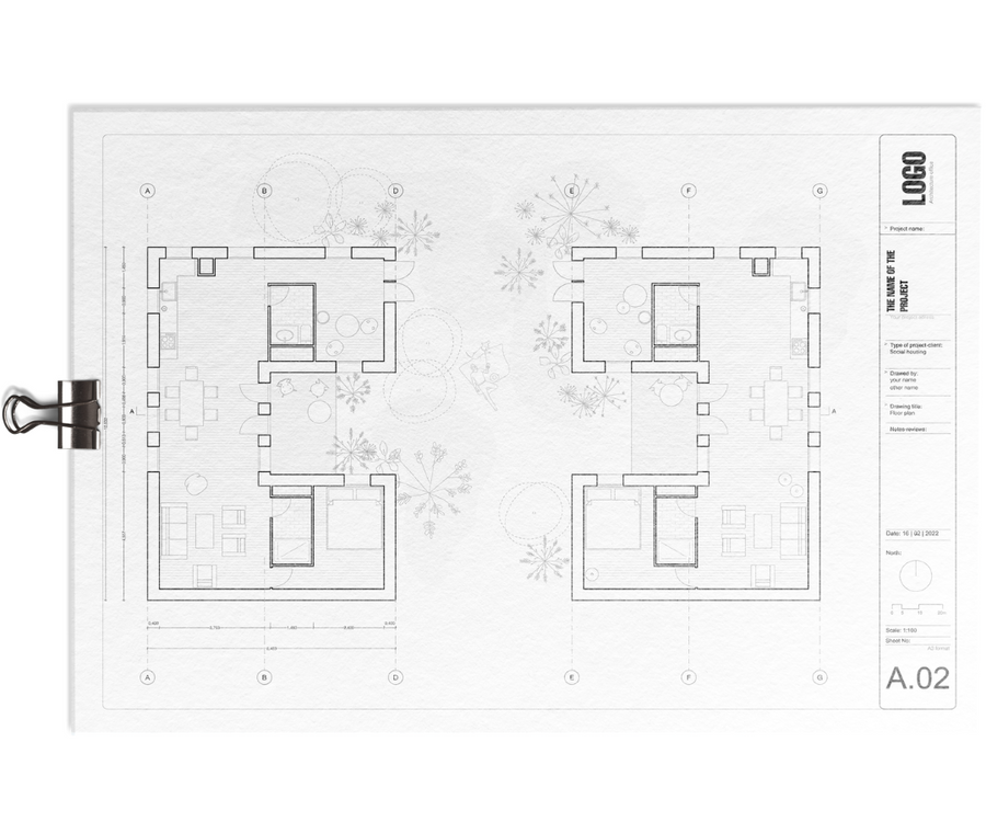 A.02 floor plan sheet from the Revit template: two apartments at 1:100 with thin walls, grid axes, furniture and trees, title block