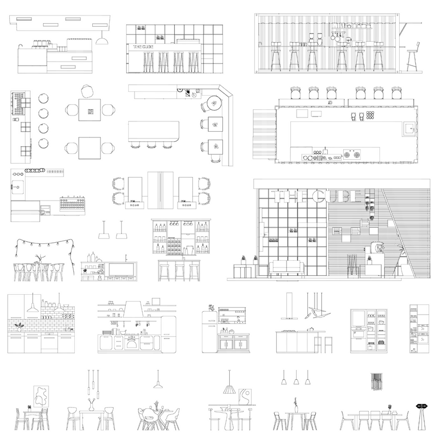 Sheet of restaurant and bar furniture blocks: bar counters with stools, kitchen islands, shelving, dining tables and chairs, pendant and string lights in plan and elevation, black line drawing