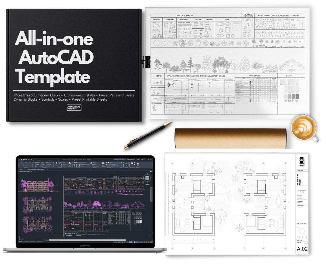 Flat lay of the All-in-One AutoCAD Template: black box, printed sheet of blocks, laptop running AutoCAD, A.02 floor plan sheet, kraft drawing tube, pen and coffee