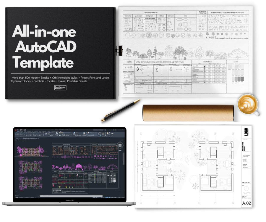 Flat lay of the All-in-One AutoCAD Template: black box, printed sheet of blocks, laptop running AutoCAD, A.02 floor plan sheet, kraft drawing tube, pen and coffee