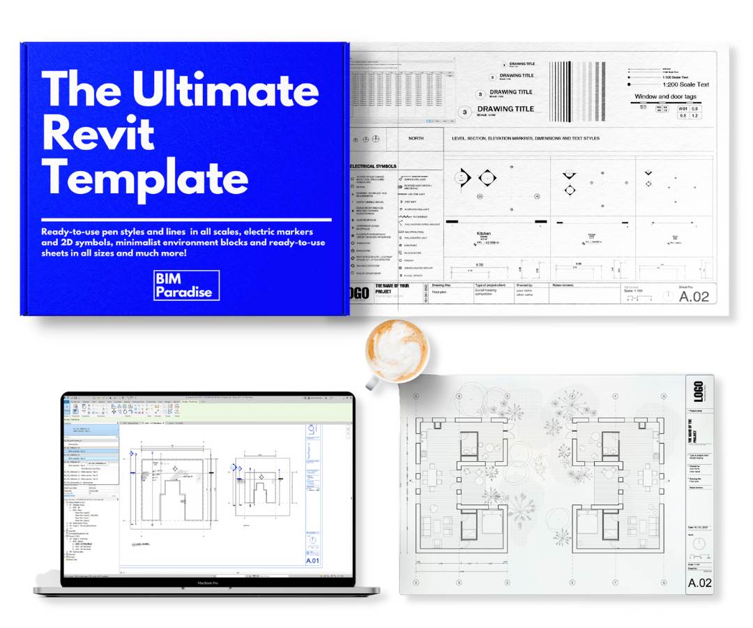 Flat lay of the Revit template: blue box, printed sheet of symbols and tags, A.02 floor plan sheet, laptop running Revit and coffee