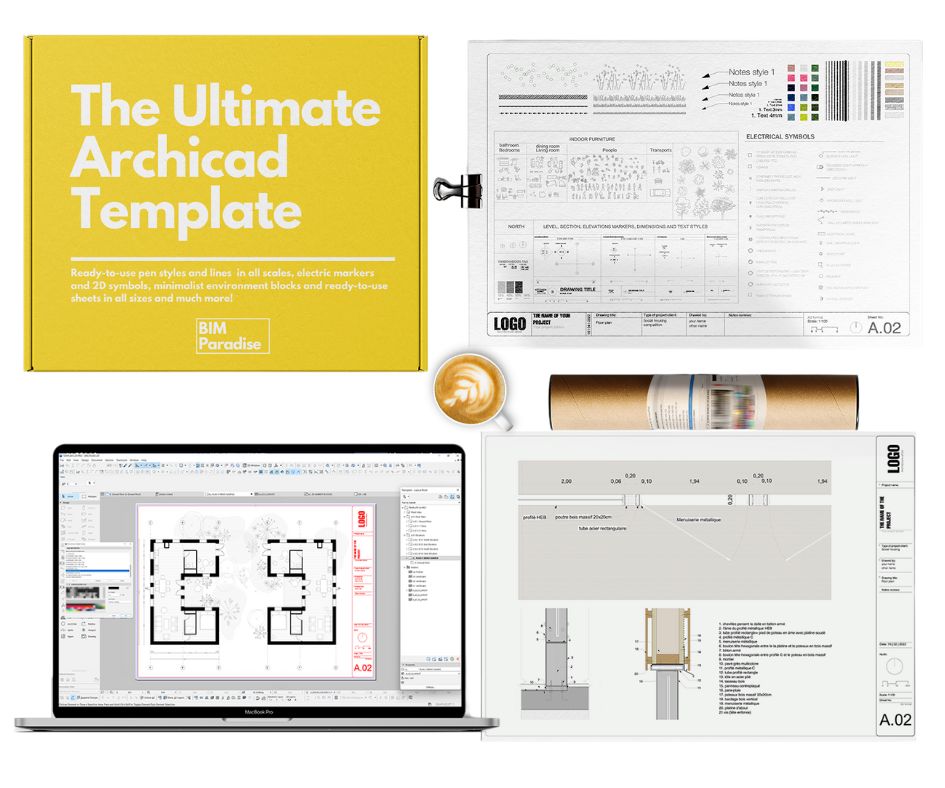 Flat lay of the Archicad template: yellow box, printed sheet of symbols and pens, A.02 detail sheet, laptop running Archicad, kraft tube and coffee