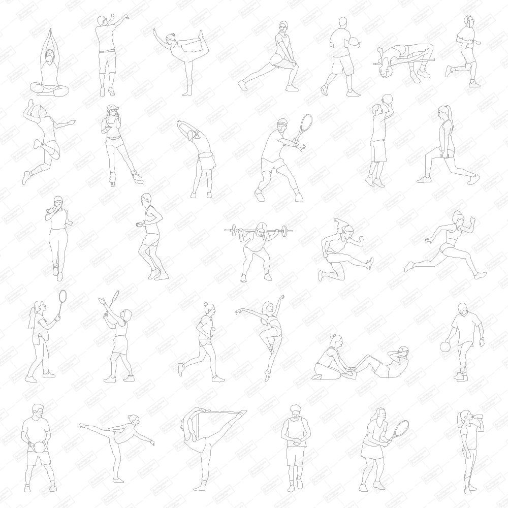 Sheet of sporty people blocks: yoga, stretching, running, tennis, basketball, football, weightlifting, jumping and dancing figures in elevation, black line drawing