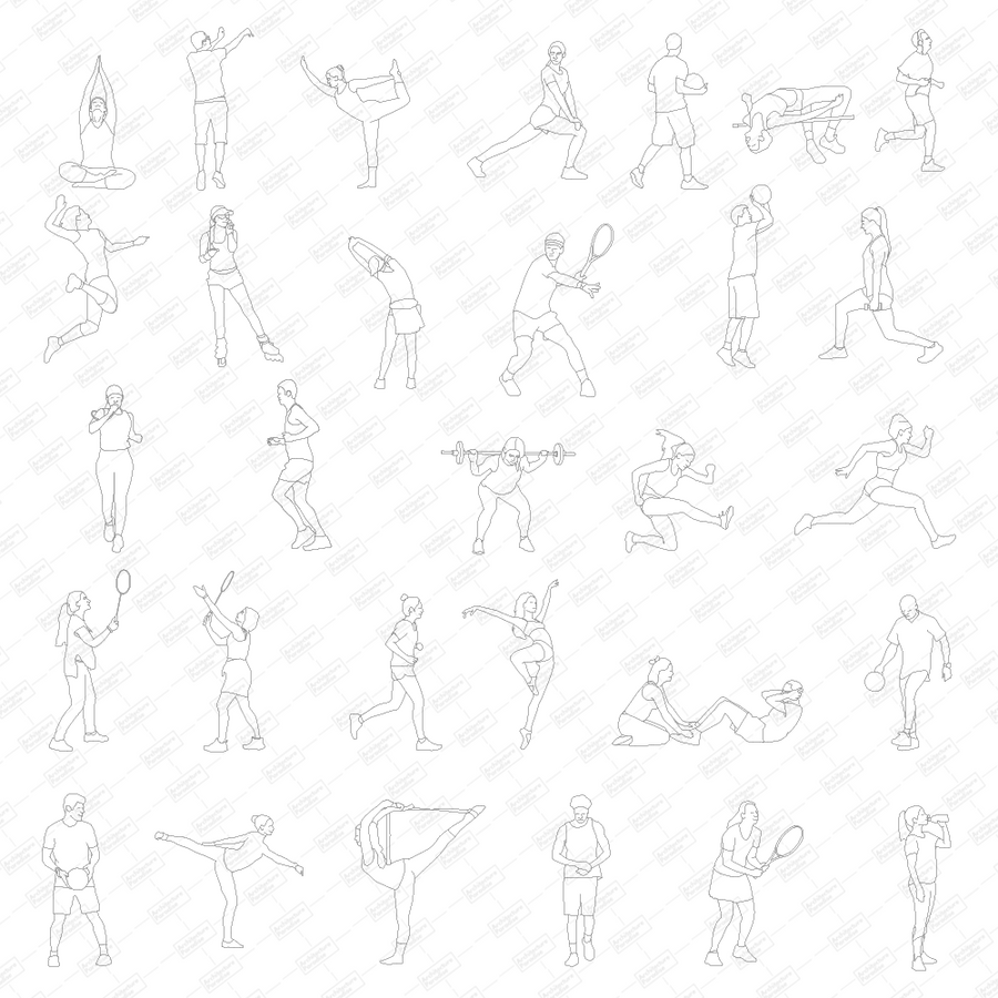 Sheet of sporty people blocks: yoga, stretching, running, tennis, basketball, football, weightlifting, jumping and dancing figures in elevation, black line drawing