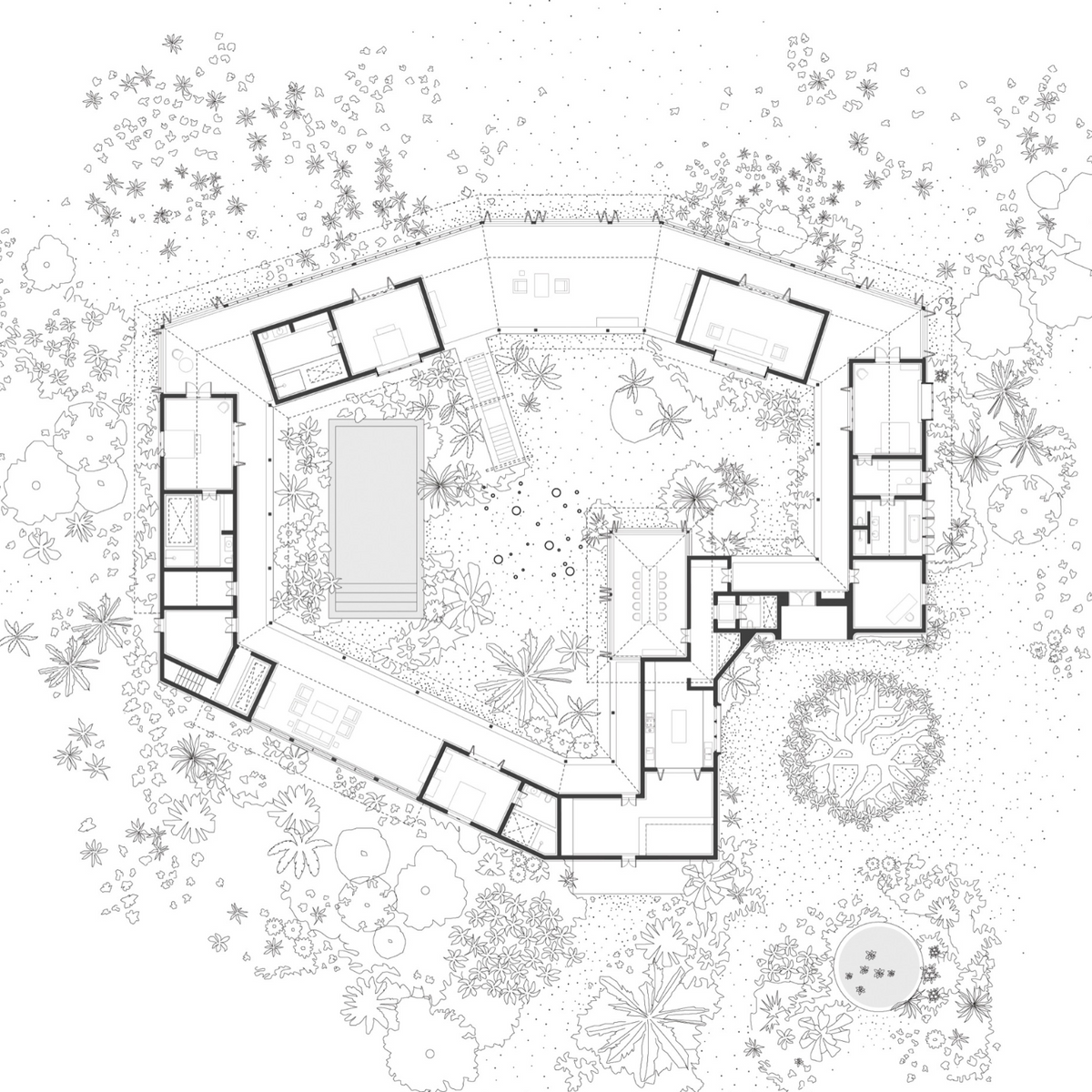 Floor plan of a courtyard house surrounded by dense vegetation in the Mumbai Studio style: trees, palms, shrubs and ground cover in plan, black line drawing