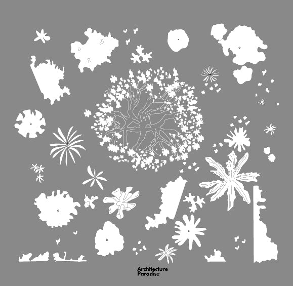 Sheet of Mumbai Studio vegetation blocks in plan shown in white on a grey background: large tree canopy, palms, shrubs and ground cover